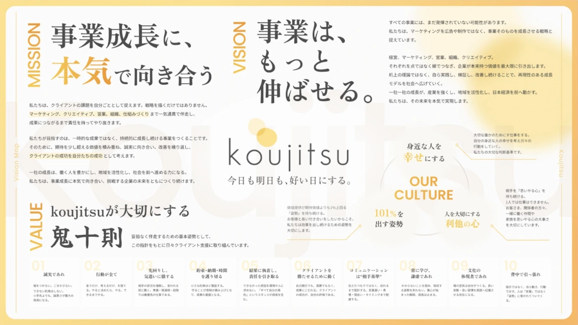 koujitsuのMission・Vision・Value（事業成長に、本気で向き合う／事業は、もっと伸ばせる。／鬼十則）